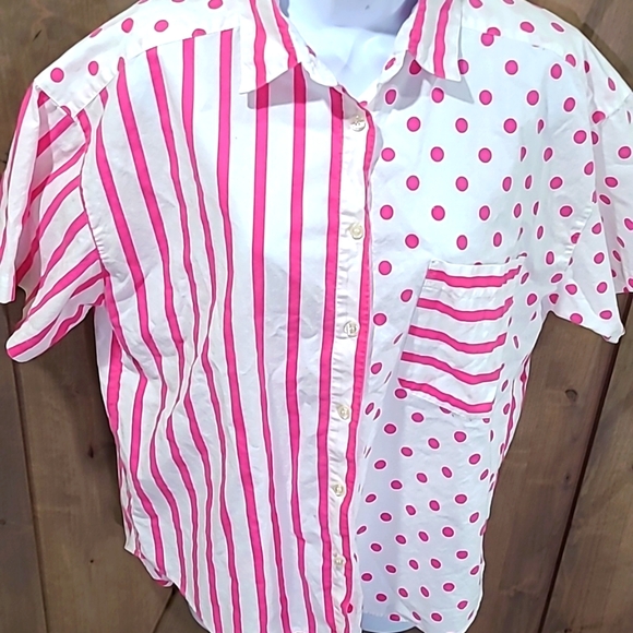VTG Best American Clothing Button Up Shirt Hot Pink Stripe Polka Dot - Picture 2 of 4
